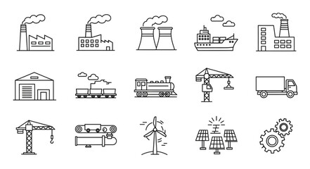 Industrial Icons Depicting Factories, Transportation, and Energy Production. © Janahchan