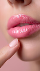 Naklejka premium Closeup of female lips with glossy pink lipstick and finger touching lower lip highlighting beauty concept.