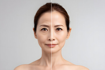 Before and after comparison of a woman&rsquo;s face, wrinkle improvement and skincare concept