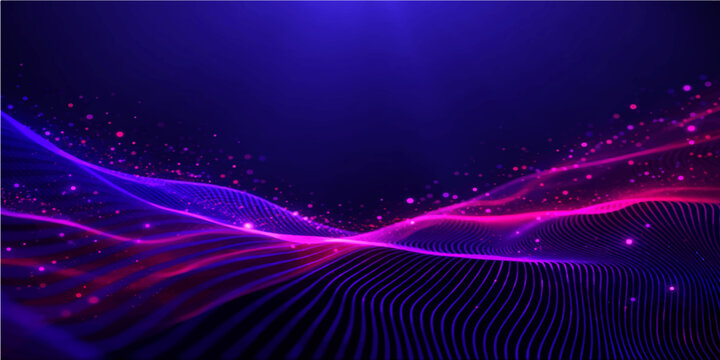 An abstract blue and purple background design features glowing light waves and motion lines in a vibrant pattern of energy, creating a bright texture for a modern art wallpaper backdrop