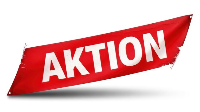 Red banner angled, torn edges, white "AKTION" text, drop shadow, isolated on white