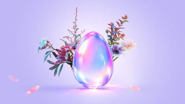 Iridescent artwork holographic Easter egg with spring flowers. Concept of premium Easter campaign visual, seasonal branding design and luxury spring greeting card template.