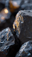 Fototapeta premium Shiny black coal mineral stones in closeup highlighting natural energy resource and mining industry concept.