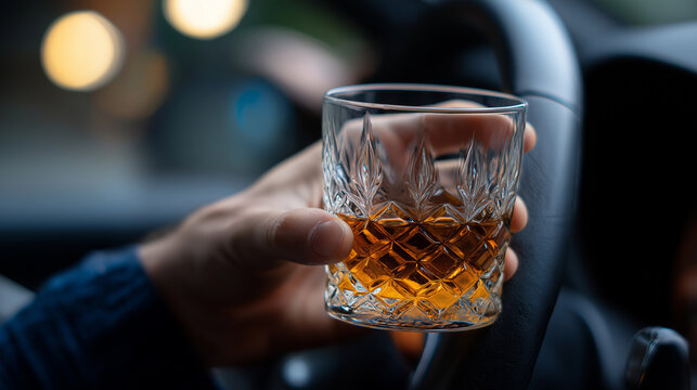 Hand holding glass of whiskey inside car representing drink driving and alcohol consumption concept.