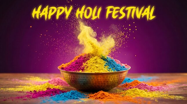 A bowl of colorful powder with the words happy holi festival above it on a purple background
