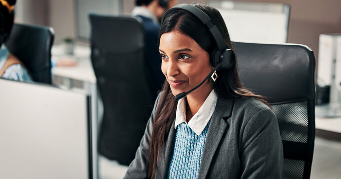 Computer, business and happy woman in call center for help desk, banking support or coworking. Smile, hotline and consultant with technology for customer service, account assistance or financial loan