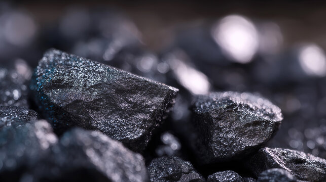 Shiny black coal mineral stones in closeup highlighting natural energy resource and mining industry concept.