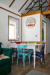 Rustic Mountain Lodge Dining Room Interior with Wooden Furniture and Cozy Atmosphere