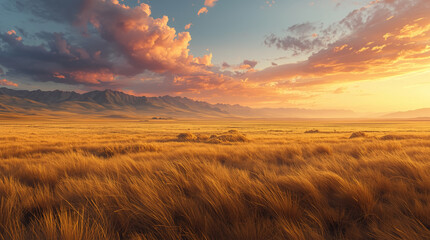 A vast steppe with mountains in the background