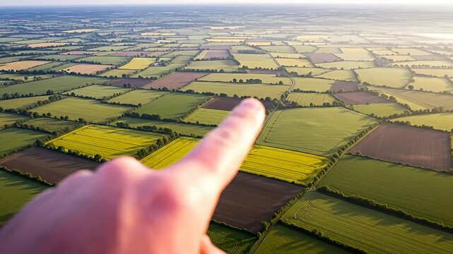 Outstretched finger points towards a patchwork of green and brown fields viewed from above
