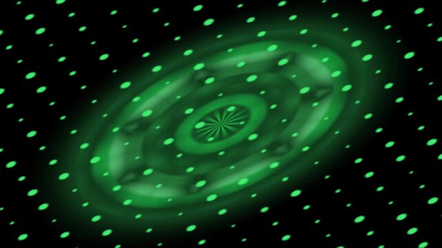 A green-glowing vortex design of concentric circles and scattered dots on a black background