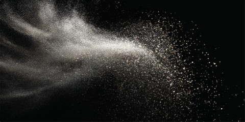 A dark abstract black and white background featuring a cosmic nebula of smoke and stardust swirling through a deep night sky filled with bright galaxy light and science fiction explosions © PIXEL