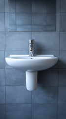 Fototapeta premium Modern white pedestal sink with chrome faucet against gray tiled bathroom wall.