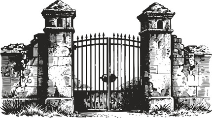 Obraz premium old wrought iron gate between rustic stone pillars with overgrown grass and ruins