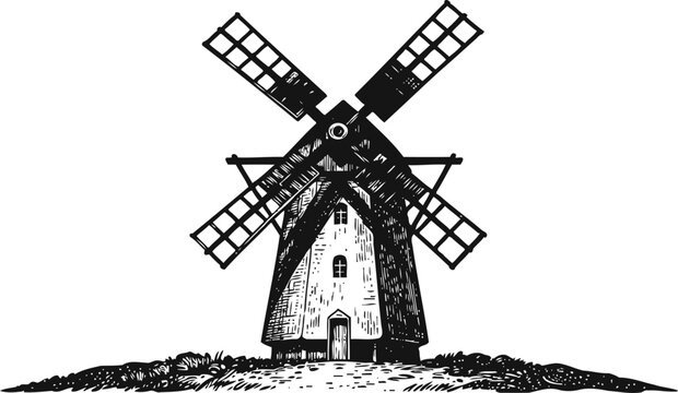 Vintage black and white windmill illustration traditional rustic farm structure with large blades and stone base