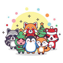 Obraz premium Cute animals in festive attire celebrate Christmas together happily