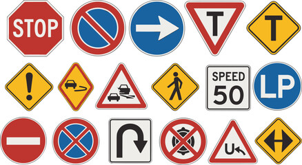 Traffic sign vector, road safety icon, driving regulation illustration, caution warning symbol, highway signage art, transportation rule design collection set