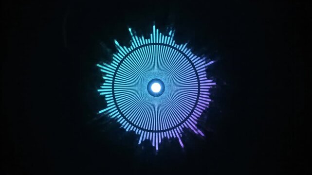 Visual representation of sound waves in a dark space with blue light patterns and a central circle