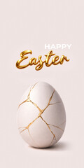 Elegant composition cracked Easter egg with golden kintsugi lines. Concept of resilience and...
