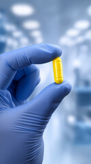 Naklejka premium Gloved hand holding yellow medical capsule in laboratory environment representing pharmaceutical research.