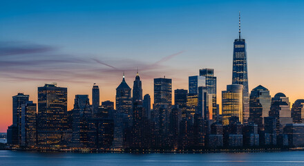 Obraz premium Panoramic view of the illuminated city skyline at twilight, reflecting in water. Representative of urban architecture, travel destination, and modern metropolis