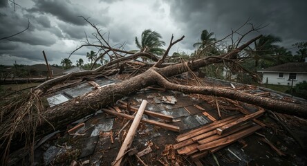 Obraz premium Severe storm damage to residential roof with large fallen tree after tropical winds
