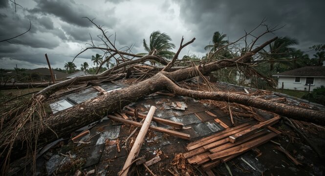 Severe storm damage to residential roof with large fallen tree after tropical winds