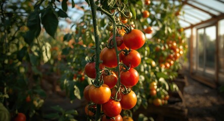 Sunlit ripe tomatoes growing in an organic garden greenhouse with copyspace