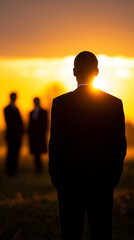 Silhouetted businessman walking toward sunset with team in background symbolizing leadership and vision.