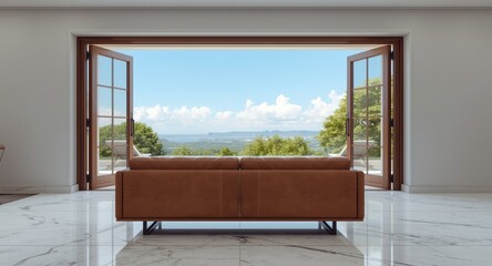 Fototapeta premium Rendered modern lounge with brown sofa and open folding doors overlooking terrace scene