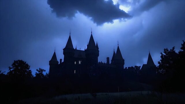 A silhouetted castle with lit windows stands against a stormy night sky with lightning