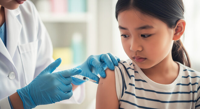 doctor vaccinating a young girl in a clinic setting with focus on medical care and child health