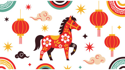 Obraz premium A vibrant Chinese New Year design with colorful horse and lanterns