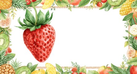 Watercolor illustration of a strawberry decorated frame bright summer fruit background promoting tropical organic vegetarian concepts