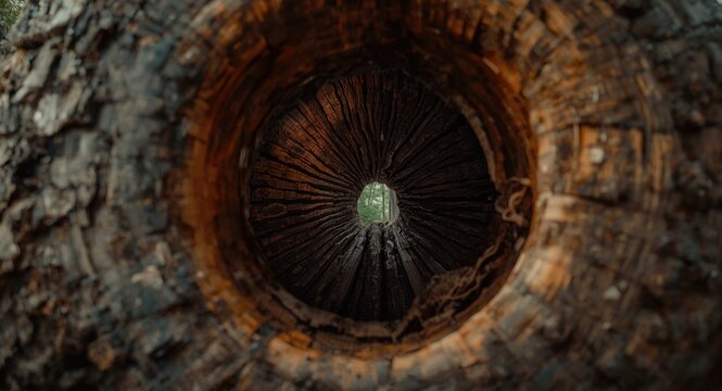 large hollow tree trunk revealing complex ring pattern inside
