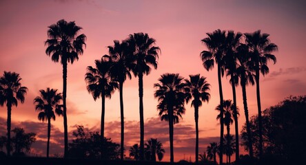 Silhouette of palm trees against twilight sky with vintage filter effect