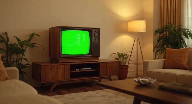 A vintage TV from the 1990s featuring a green screen display in a stylish living room
