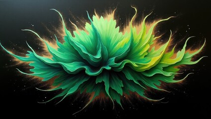 Fototapeta premium A vibrant, abstract composition depicting a blossoming explosion of lush green and yellow foliage against a dark backdrop