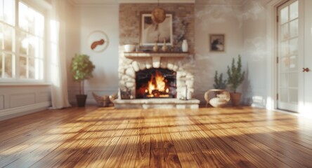 Fototapeta premium White living room interior with wooden floor and fireplace blurred for design mockup