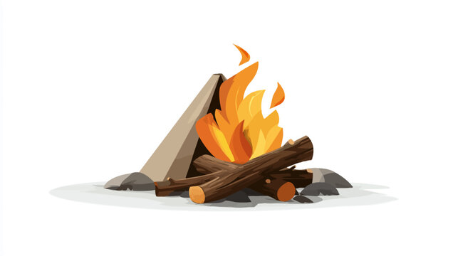 A stylized campfire illustration featuring flames rising from logs, rocks and an upright lean-to