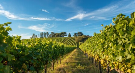 Naklejka premium Vineyard landscape under clear sky with grapevines in summer