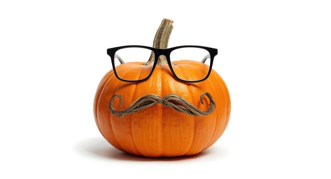 Whimsical pumpkin wearing glasses and mustache on crisp white background