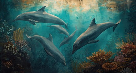 Obraz premium Ancient wall painting of dolphins using vivid colors to capture marine environment