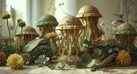 Instructions for creating green jellyfish crafts with kids using cardboard and fresh botanical elements