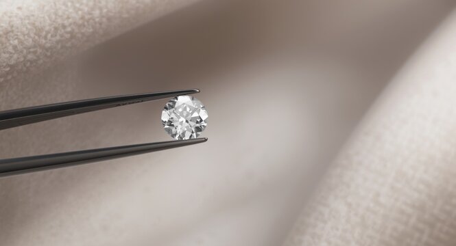 Macro shot of tweezers with a glittering diamond on fabric texture