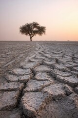 Lonely Tree On Cracked Desert Floor
