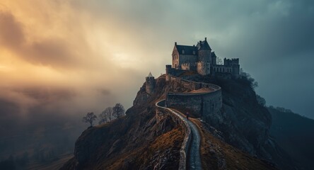 Obraz premium Dreamlike view of a renowned castle on rock with a twisting road and cloudy atmospheric mood