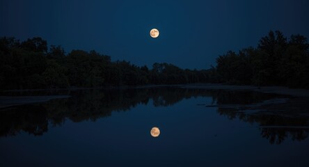quiet evening scene with a bright full moon mirrored on undisturbed river surface