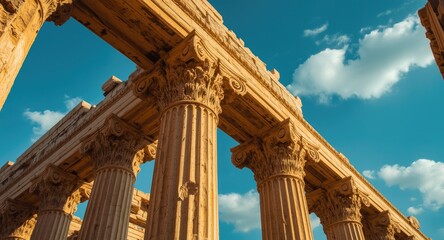 Close perspective of timeworn Ionic columns showcasing elaborate scroll capitals at an archaeological site under a vivid blue sky
