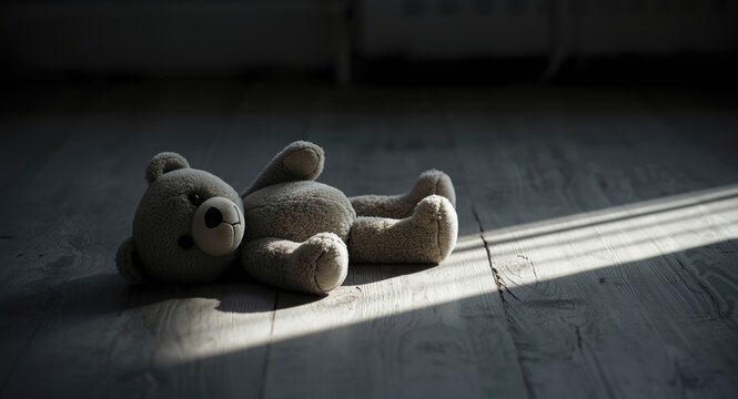 Quiet teddy bear resting on floor evoking somber mood for Missing Children Day